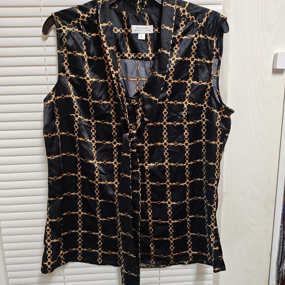 Tahari ASL Chain-Print Tie-Neck Blouse